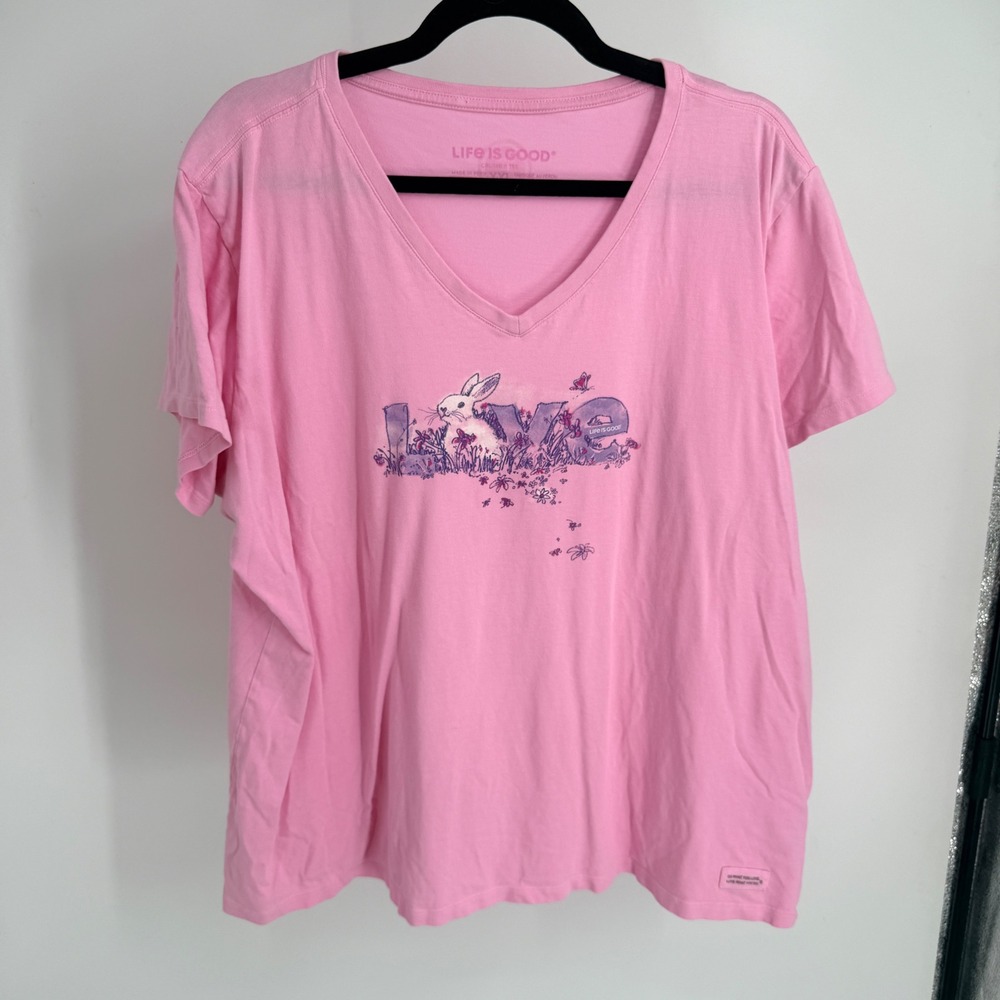 Life is Good Crusher Tee Pink Bunny Love Graphic V-Neck T-Shirt XXL Easter Tee